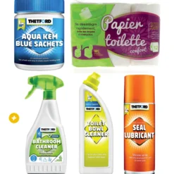 Aqua-Kem + Papier toilette +Nettoyant salle de bains+ Nettoyant pour cuvette de toilettes +Spray lubrifiant