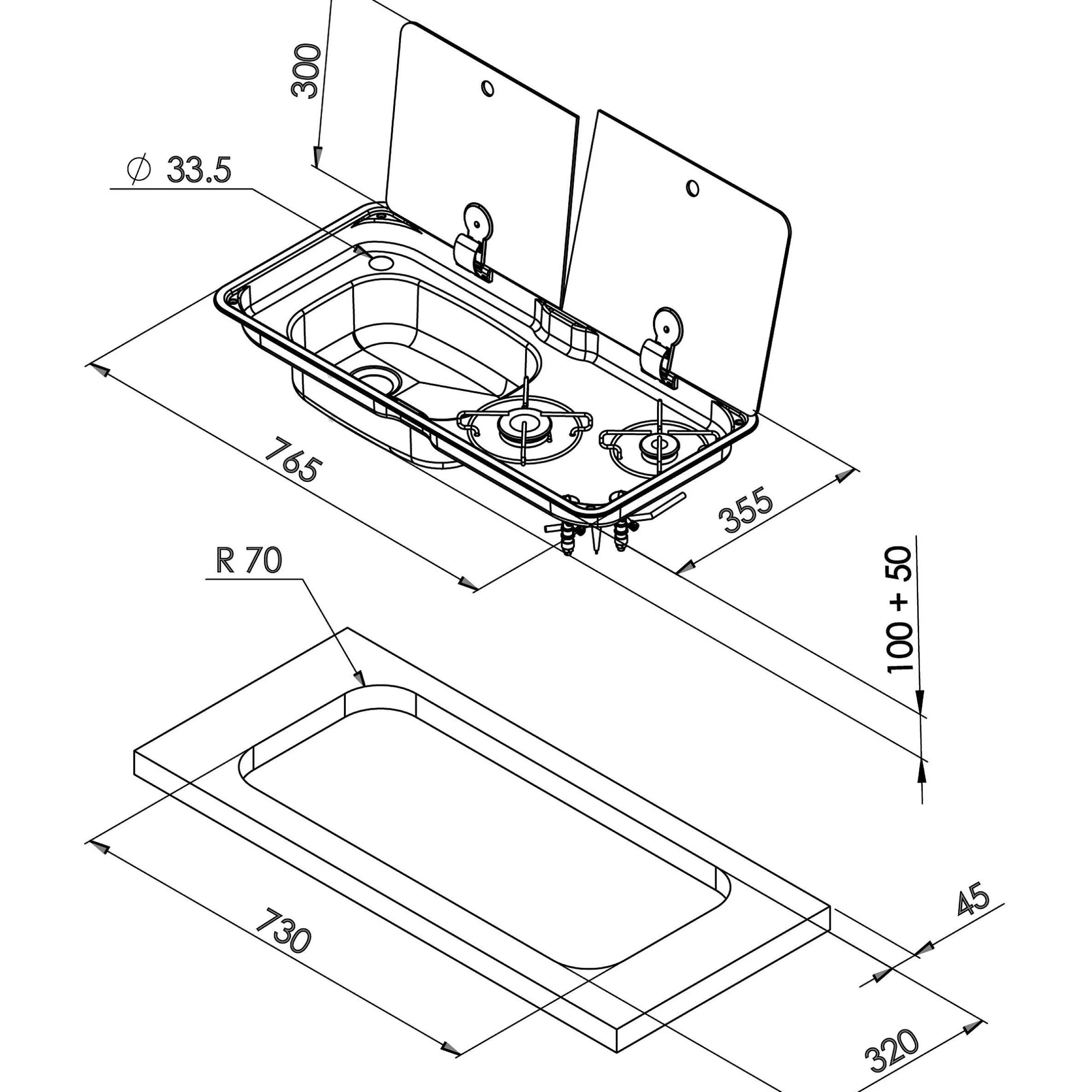 Combiné réchaud 2 feux + évier rectangle avec couvercle