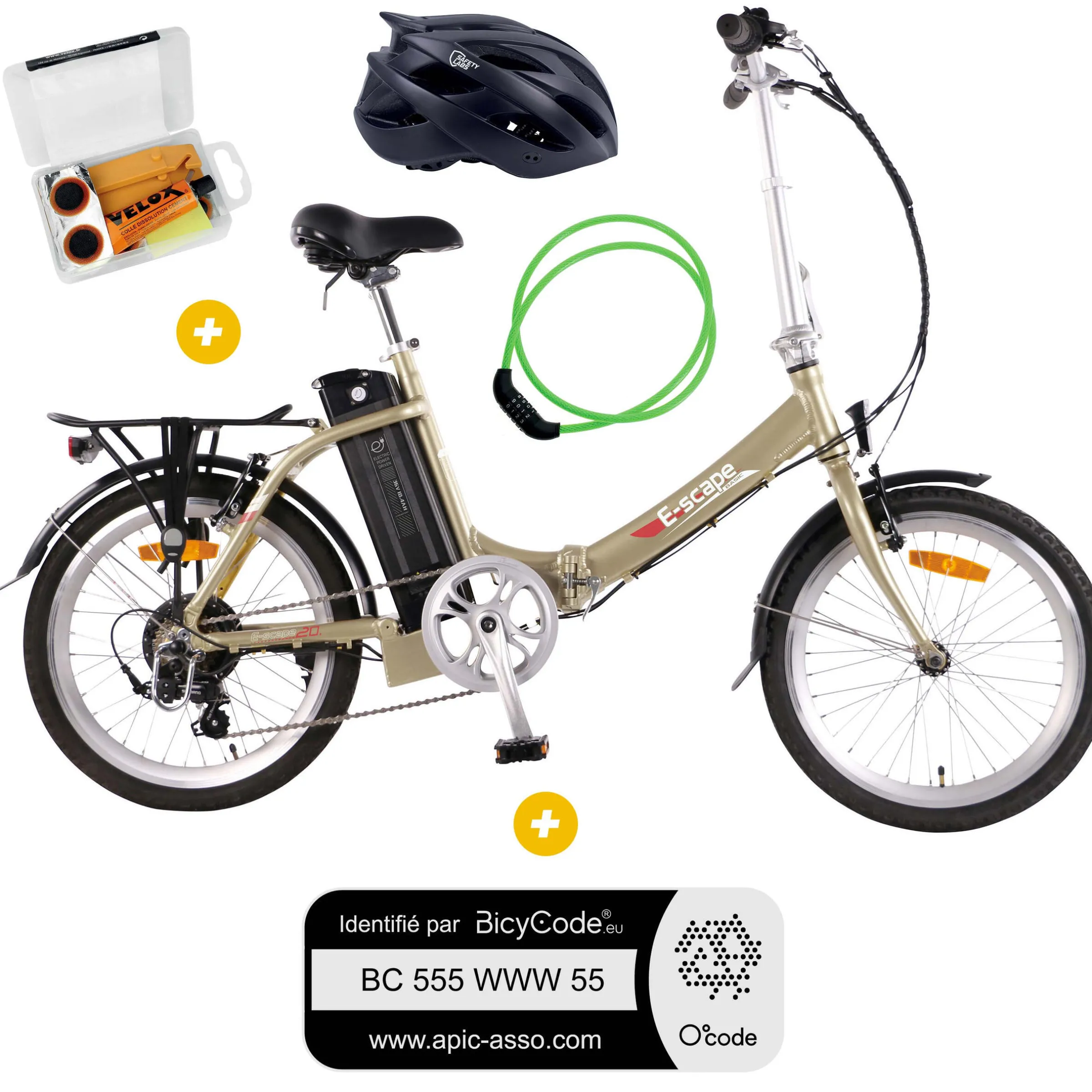 Pack Vélo à assistance électrique pliant Basic 20'' Or + Marquage BicyCode