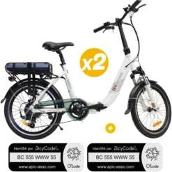 Pack 2 Vélos à assistance électrique pliants 20 Pouces Blanc Confort + Marquage BicyCode