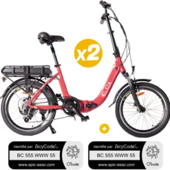 Pack 2 Vélos à assistance électrique Confort 20'' Rouge 10,4Ah + Marquage BicyCode